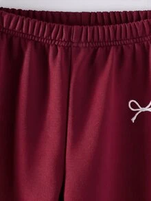 SHEIN Girls' Casual Claret  Asymmetrical Shoulder Bow Embroidery Loose Set, Korean Style, Suitable For Daily Wear, Outings And Gatherings, Autumn/Winter - Burgundy - View 5