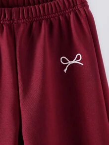 SHEIN Girls' Casual Claret  Asymmetrical Shoulder Bow Embroidery Loose Set, Korean Style, Suitable For Daily Wear, Outings And Gatherings, Autumn/Winter - Burgundy - View 4
