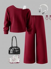 SHEIN Girls' Casual Claret  Asymmetrical Shoulder Bow Embroidery Loose Set, Korean Style, Suitable For Daily Wear, Outings And Gatherings, Autumn/Winter - Burgundy - View 2
