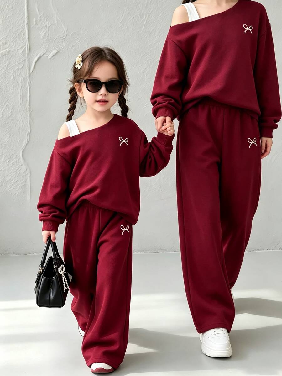 SHEIN Girls' Casual Claret Asymmetrical Shoulder Bow Embroidery Loose Set, Korean Style, Suitable For Daily Wear, Outings And Gatherings, Autumn/Winter - Burgundy - View 1