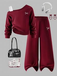 SHEIN Girls' Casual Claret  Asymmetrical Shoulder Bow Embroidery Loose Set, Korean Style, Suitable For Daily Wear, Outings And Gatherings, Autumn/Winter - Burgundy - View 3