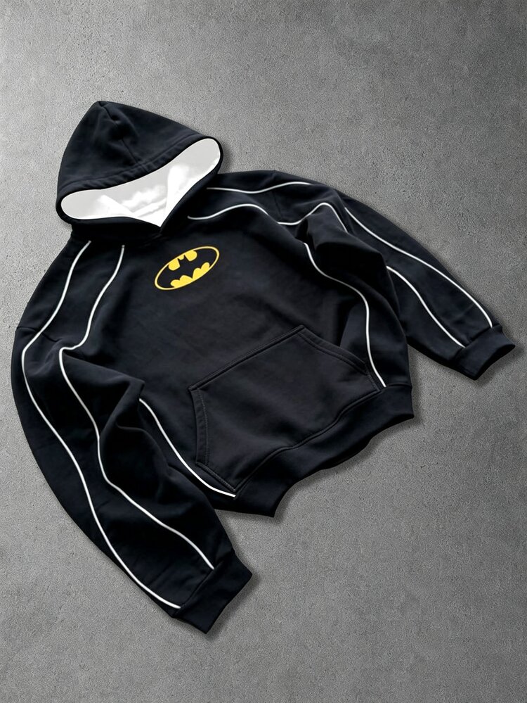 BATMAN X SHEIN Manfinity EMRG 男士休閒日常穿搭，外出必備，INS風格，年輕街頭風，寬鬆版型長袖連帽衫 - 彩色 - 查看 3