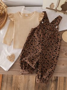 SHEIN طقم ملابس علوية بأكمام طويلة وياقة دائرية مع جمبسوت بطبعة الفهد للبنات الرضع للخروجات الكاجوال في فصل الخريف - بني - مشاهدة 5