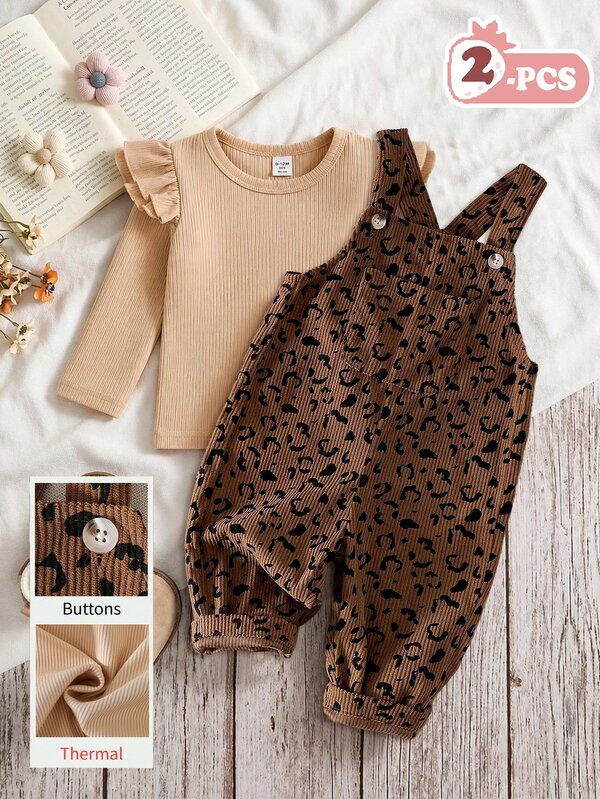 SHEIN Vintaside Kids Baby Girl Cheetah Print Jumpsuits Round Neck Long Sleeve Top Set For Outdoor Casual Autumn Fall