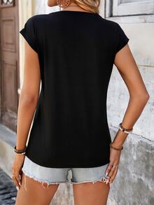 Omancia Basic Solid Color V-Neck T-Shirt, Casual Vacation Wear - Black - View 2