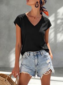 Omancia Basic Solid Color V-Neck T-Shirt, Casual Vacation Wear - Black - View 3