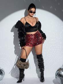 SHEIN ICON Plus Size Fashion Party Leopard Print Sequin Mini Shorts - Burgundy - View 6