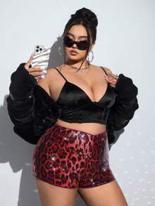 SHEIN ICON Plus Size Fashion Party Leopard Print Sequin Mini Shorts - Burgundy - View 2