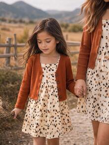 Emery Rose Kids Emery Rose Kids 女童小女孩針織純色開襟外套與豹紋花卉細肩帶洋裝 2 件套 - 彩色 - 查看 2