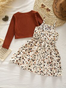 Emery Rose Kids Emery Rose Kids 女童小女孩針織純色開襟外套與豹紋花卉細肩帶洋裝 2 件套 - 彩色 - 查看 7