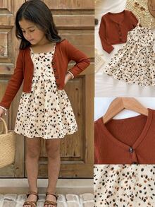 Emery Rose Kids Emery Rose Kids 女童小女孩針織純色開襟外套與豹紋花卉細肩帶洋裝 2 件套 - 彩色 - 查看 5