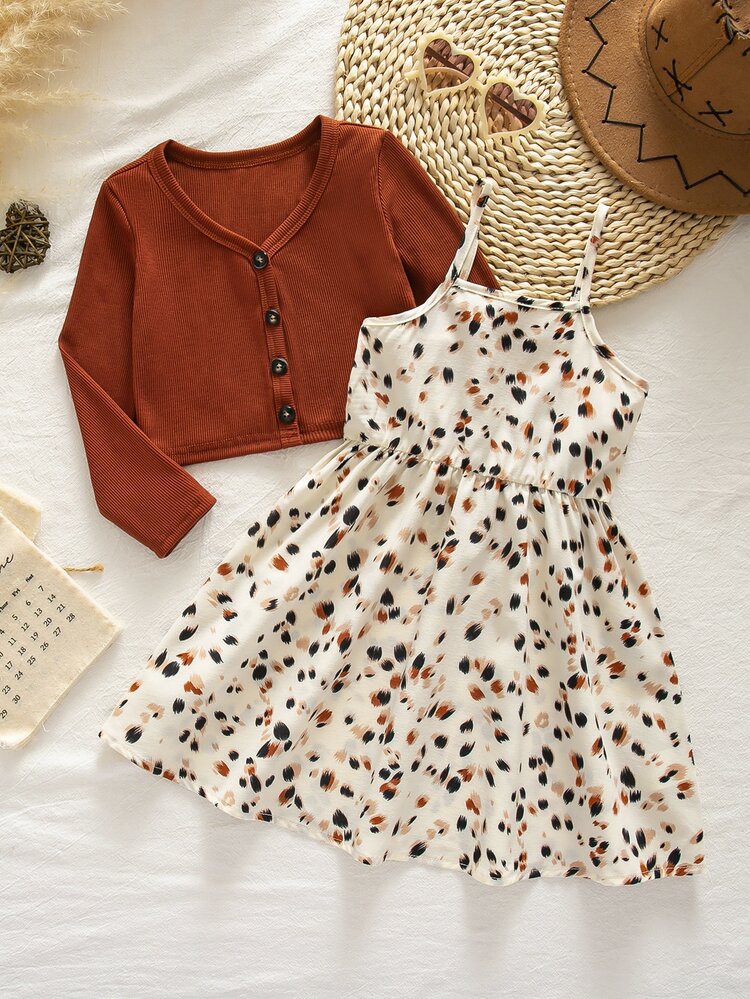 Emery Rose Kids Emery Rose Kids طقم من قطعتين للبنات الصغيرات: جاكيت كارديجان محبوك بلون سادة وفستان كاميسول بطبعة نمر وزهور - متعدد الألوان - مشاهدة 6