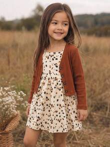 Emery Rose Kids Emery Rose Kids 女童小女孩針織純色開襟外套與豹紋花卉細肩帶洋裝 2 件套 - 彩色 - 查看 4