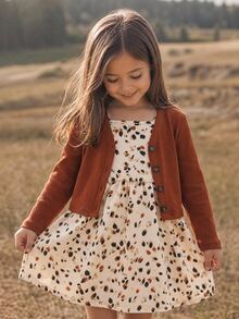 Emery Rose Kids Emery Rose Kids 女童小女孩針織純色開襟外套與豹紋花卉細肩帶洋裝 2 件套 - 彩色 - 查看 3