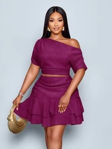 SOLERSUN Summer Commuting Solid Color Asymmetric Collar Top And Skirt Set - Purple - View 6