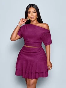 SOLERSUN Summer Commuting Solid Color Asymmetric Collar Top And Skirt Set - Purple - View 3
