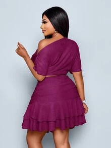 SOLERSUN Summer Commuting Solid Color Asymmetric Collar Top And Skirt Set - Purple - View 2