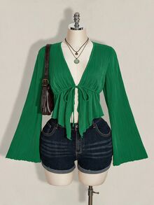 SHEIN ICON Women's Plus Size Textured Front Tie Top, Vacation Fashion - Dark Green - View 5