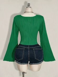 SHEIN ICON Women's Plus Size Textured Front Tie Top, Vacation Fashion - Dark Green - View 3