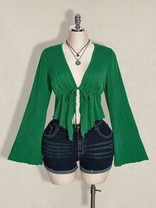SHEIN ICON Women's Plus Size Textured Front Tie Top, Vacation Fashion - Dark Green - View 2