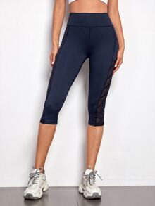 SHEIN Cheerettes Women's Contrast Mesh High Waist Sports Leggings Sportswear With Pockets Gym Workout Activewear For Autumn - Navy Blue - View 3