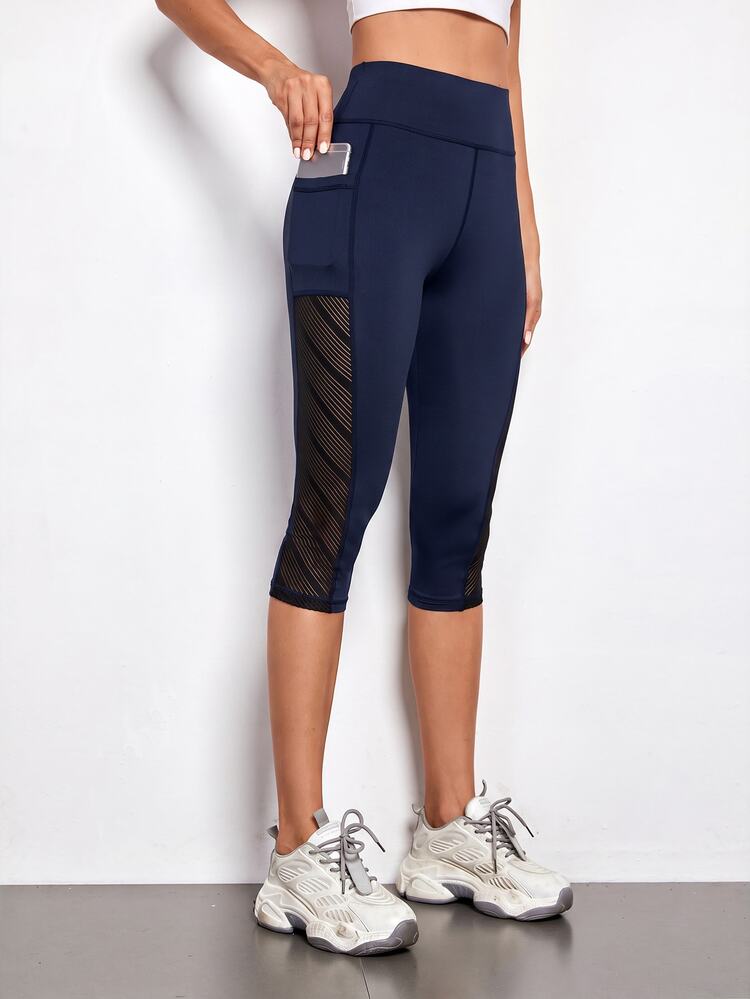 SHEIN Cheerettes Women's Contrast Mesh High Waist Sports Leggings Sportswear With Pockets Gym Workout Activewear For Autumn - Navy Blue - View 2