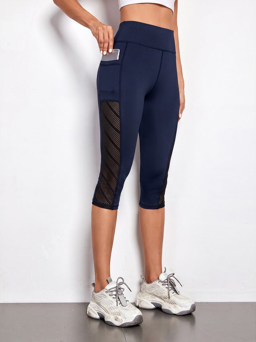 SHEIN Cheerettes Women's Contrast Mesh High Waist Sports Leggings Sportswear With Pockets Gym Workout Activewear For Autumn - Navy Blue - View 1