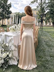 SHEIN 青少年香檳金緞面夏季返校舞會禮服，彈性露肩抓褶長裙，婚禮正式優雅禮服 - 香檳色 - 查看 2