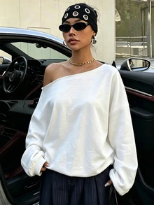 SHEIN EZwear 白色女款露肩寬鬆休閒長袖運動衫 34%棉 - 白色 - 查看 6