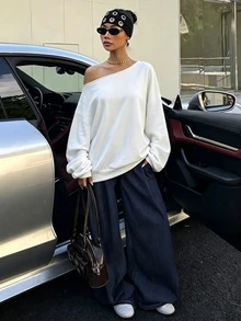 SHEIN EZwear 白色女款露肩寬鬆休閒長袖運動衫 34%棉 - 白色 - 查看 3