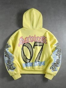 ROMWE MEN Men Letter & Angel Print Drop Shoulder Oversize Hoodie - Yellow - View 2