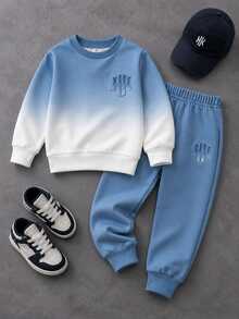 Boys' (Small) Sweatshirt Set, Crew Neck Sweatshirt With Blue-White Gradient Effect, Transitioning From Light Blue To Beige White From Top To Bottom, 3D Logo On Left Chest, Ribbed Cuffs And Hem, Solid Light Blue Sweatpants With Matching Logo On Side, Ribbed Cuffed Ankles - Multicolor - View 6