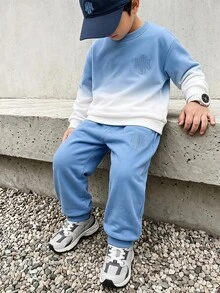 Boys' (Small) Sweatshirt Set, Crew Neck Sweatshirt With Blue-White Gradient Effect, Transitioning From Light Blue To Beige White From Top To Bottom, 3D Logo On Left Chest, Ribbed Cuffs And Hem, Solid Light Blue Sweatpants With Matching Logo On Side, Ribbed Cuffed Ankles - Multicolor - View 1