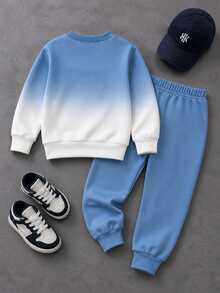 Boys' (Small) Sweatshirt Set, Crew Neck Sweatshirt With Blue-White Gradient Effect, Transitioning From Light Blue To Beige White From Top To Bottom, 3D Logo On Left Chest, Ribbed Cuffs And Hem, Solid Light Blue Sweatpants With Matching Logo On Side, Ribbed Cuffed Ankles - Multicolor - View 2