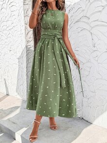Editum 女士优雅亚麻印花系带无袖长款A字度假连衣裙，夏季 - 薄荷綠 - 查看 10