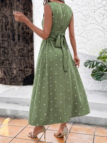Editum 女士优雅亚麻印花系带无袖长款A字度假连衣裙，夏季 - 薄荷綠 - 查看 2