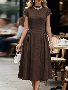 Editum Summer Dress Women's Solid Color Pleated Casual Party Long Knit Dress - Brown - View 4
