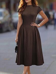 Editum Summer Dress Women's Solid Color Pleated Casual Party Long Knit Dress - Brown - View 5