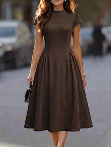 Editum Summer Dress Women's Solid Color Pleated Casual Party Long Knit Dress - Brown - View 6