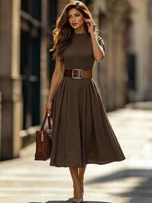 Editum Summer Dress Women's Solid Color Pleated Casual Party Long Knit Dress - Brown - View 1