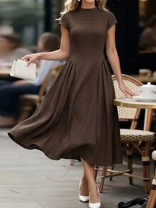 Editum Summer Dress Women's Solid Color Pleated Casual Party Long Knit Dress - Brown - View 3