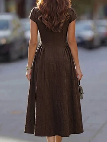 Editum Summer Dress Women's Solid Color Pleated Casual Party Long Knit Dress - Brown - View 2