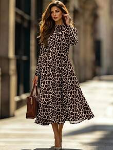 Editum Vestido de manga larga con cuello en V y estampado geométrico negro para mujer, adecuado para otoño/invierno - Multicolor - Ver 1