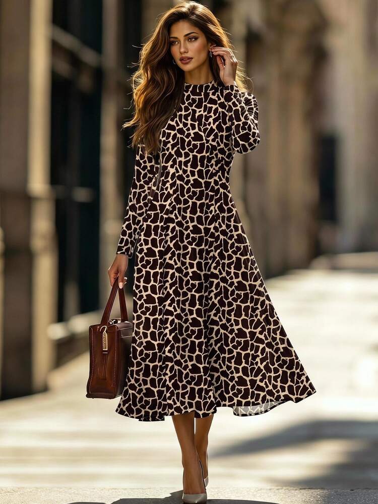 Editum Black Geometric Print V-Neck Long Sleeve Dress For Women, Suitable For Autumn/Winter - Multicolor - View 1