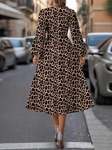 Editum Vestido de manga larga con cuello en V y estampado geométrico negro para mujer, adecuado para otoño/invierno - Multicolor - Ver 2