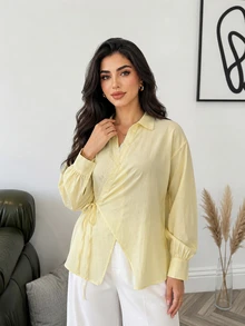 Solavon Plus Size Solid Color Tie-Front Wrap Blouse Office Morning Soft Pastel Fall Elegant Business Casual - Pale Yellow - View 3