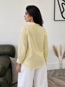 Solavon Plus Size Solid Color Tie-Front Wrap Blouse Office Morning Soft Pastel Fall Elegant Business Casual - Pale Yellow - View 2