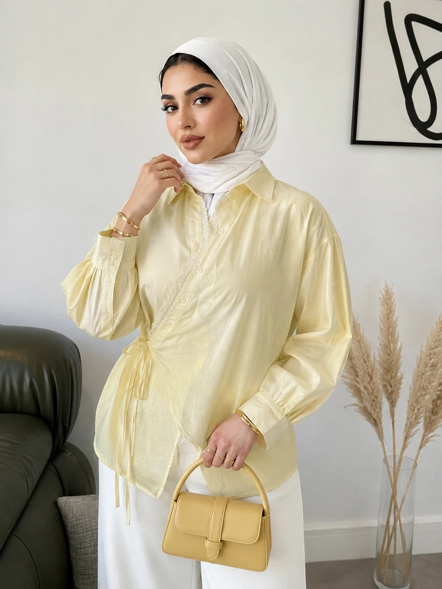 Solavon Plus Size Solid Color Tie-Front Wrap Blouse Office Morning Soft Pastel Fall Elegant Business Casual - Pale Yellow - View 1