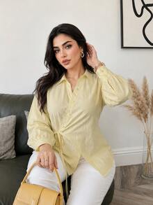 Solavon Plus Size Solid Color Tie-Front Wrap Blouse Office Morning Soft Pastel Fall Elegant Business Casual - Pale Yellow - View 5