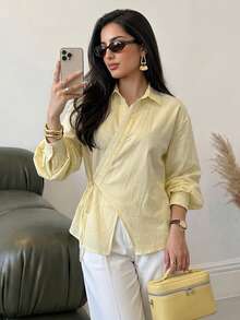 Solavon Plus Size Solid Color Tie-Front Wrap Blouse Office Morning Soft Pastel Fall Elegant Business Casual - Pale Yellow - View 7